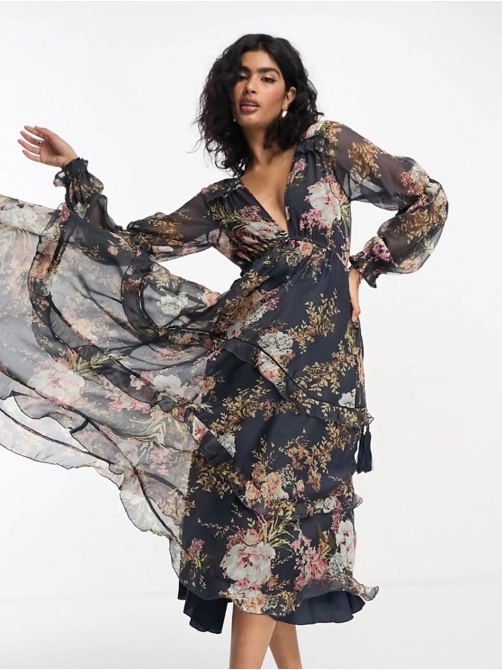 ASOS Floral Midi Dress in Charcoal Navy with Blush and Gold Print
